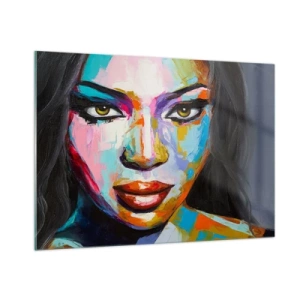 Quadro su vetro - Un ritratto colorato di una donna in uno stile distintivo - 100x70cm - Non si può staccare lo sguardo - Decorazione murale moderna per soggiorno e camera da letto ARTTOR