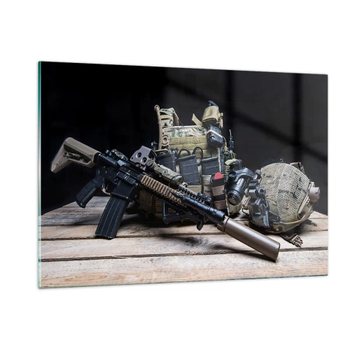 Quadro su vetro - Equipaggiamento tattico e armi disposte su un tavolo di legno - 120x80cm - Riposo! - Decorazione murale moderna per soggiorno e camera da letto ARTTOR