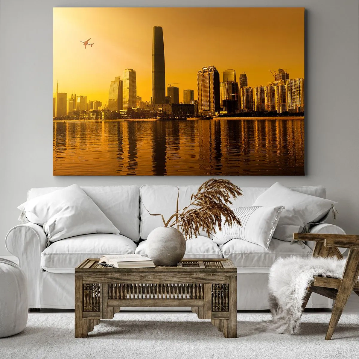 Quadro su tela - Stampe su Tela - Panorama della città al tramonto con grattacieli e un aereo - 70x50cm - Città d'oro - Decorazione murale moderna per soggiorno e camera da letto ARTTOR