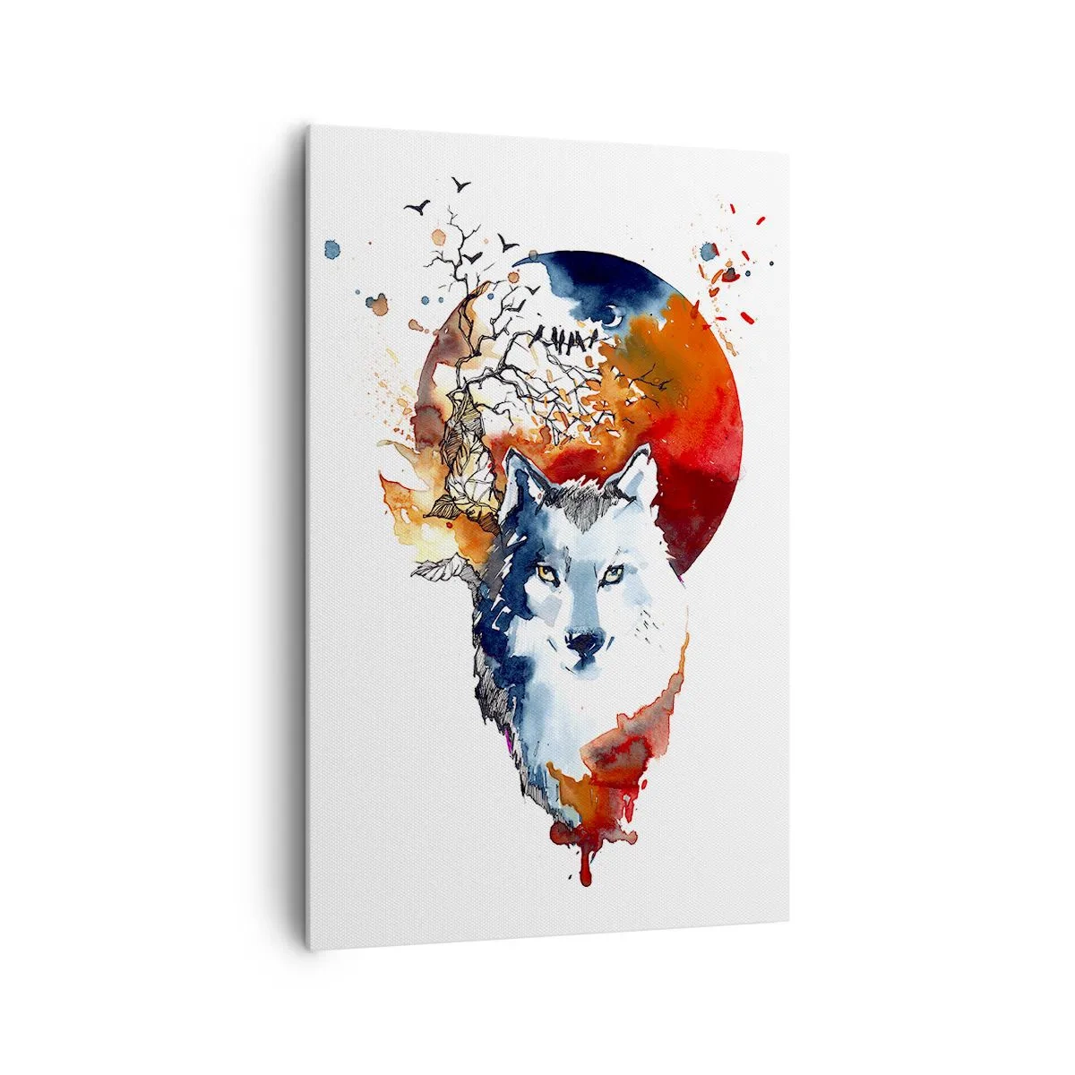 Quadro su tela - Stampe su Tela - Dipinto astratto ad acquerello di un lupo contro una luna rossa - 80x120cm - Naso a naso con la notte - Decorazione murale moderna per soggiorno e camera da letto ARTTOR