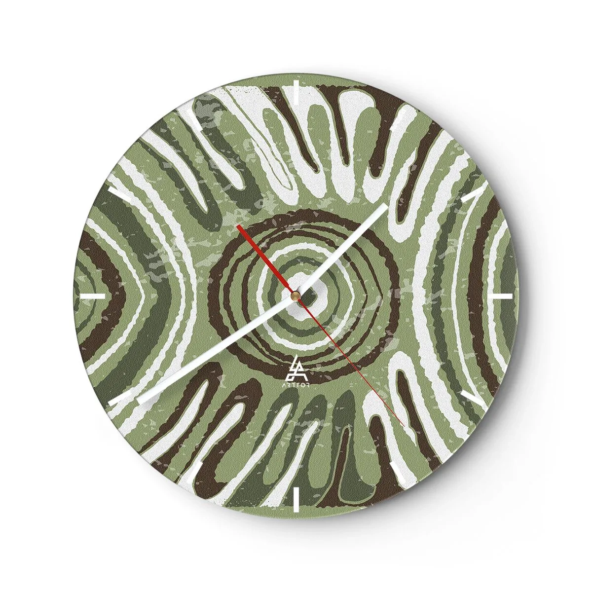 Orologio da parete - Orologio in Vetro - Composizione simmetrica verde e marrone con motivi concentrici - 30x30cm - Esplosione di emozioni - Decorazione murale moderna per soggiorno, cucina e camera da letto ARTTOR