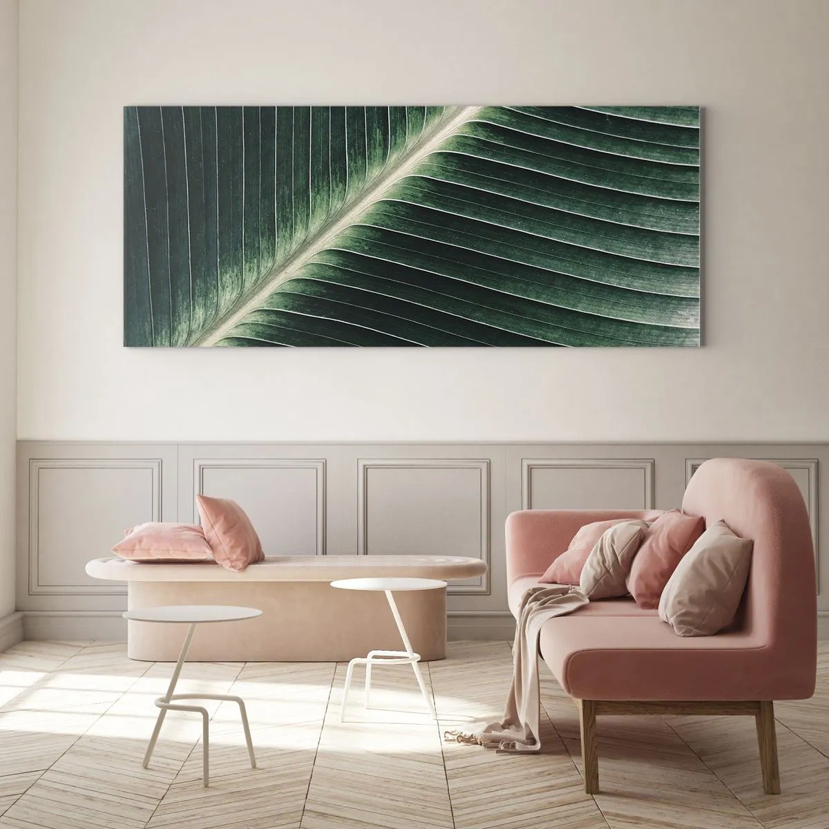 Quadro su vetro - Primo piano della struttura di una foglia verde - 120x50cm - Il ritmo della natura - Decorazione murale moderna per soggiorno e camera da letto ARTTOR