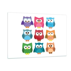 Quadro su vetro - Gufi colorati in stile cartone animato su sfondo bianco - 120x80cm - Essere diversi può essere divertente - Decorazione murale moderna per soggiorno e camera da letto ARTTOR