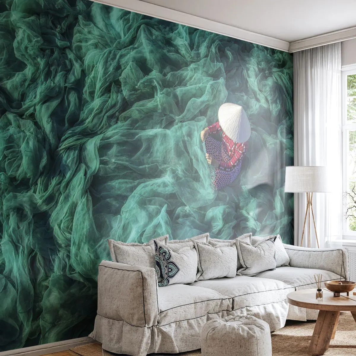 Fotomurali Premium Canvas - Nel mare di reti - Rete da pesca, Donna, Vietnam - 400x280 cm