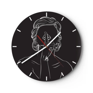 Orologio da parete - Orologio in Vetro - La sagoma bianca di una donna con un dito alla bocca su sfondo nero. - 30x30cm - Il bello emerge nel silenzio - Decorazione murale moderna per soggiorno, cucina e camera da letto ARTTOR
