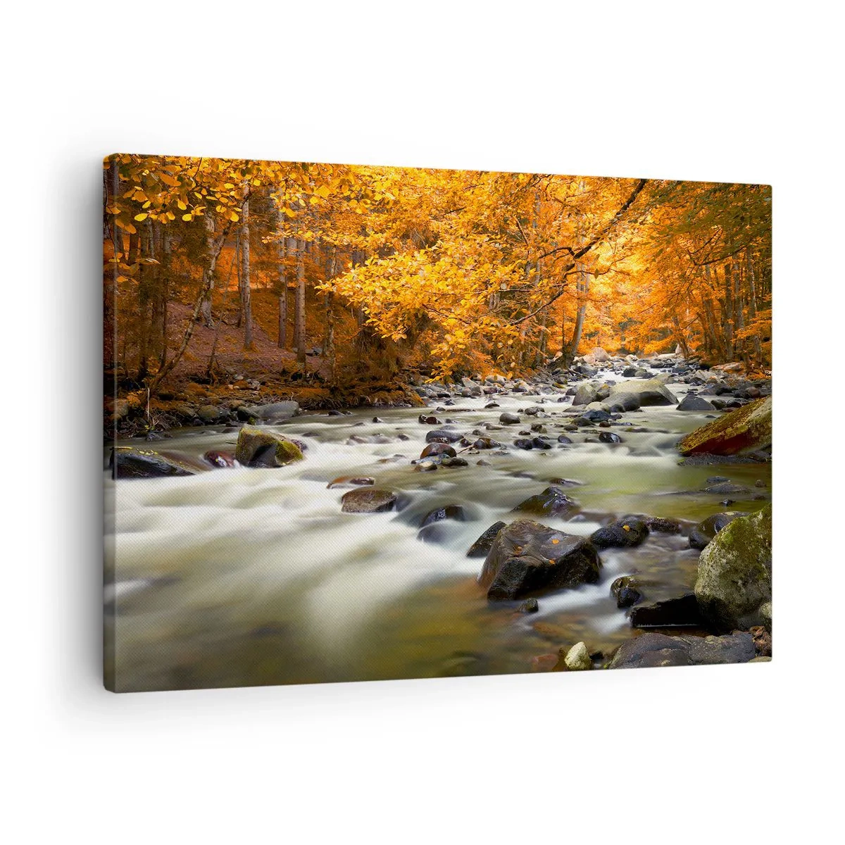 Quadro su tela - Stampe su Tela - Un ruscello in una foresta autunnale circondato da foglie dorate - 70x50cm - Ruscello nel bosco dorato - Decorazione murale moderna per soggiorno e camera da letto ARTTOR