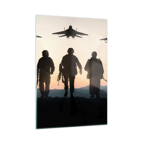 Quadro su vetro - Soldati sullo sfondo del sole al tramonto e dei jet - 50x70cm - Benvenuto nel nostro mondo - Decorazione murale moderna per soggiorno e camera da letto ARTTOR