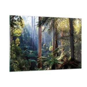 Quadro su vetro - Foresta tropicale verde con raggi di sole - 120x80cm - La favola del bosco - Decorazione murale moderna per soggiorno e camera da letto ARTTOR