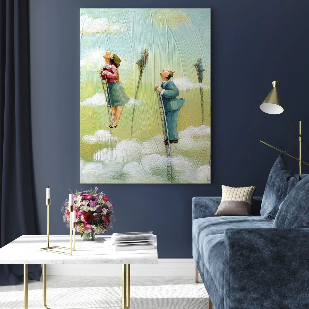 Quadro su vetro - Figure che salgono scale tra le nuvole su uno sfondo pastello. - 70x100cm - Seguendo i propri sogni - Decorazione murale moderna per soggiorno e camera da letto ARTTOR