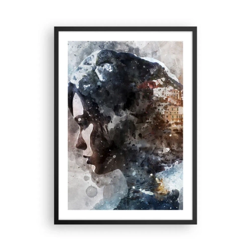 Poster in cornice nera - Silhouette di una donna con un paesaggio acquerello sullo sfondo - 50x70cm - Racconto su una ragazza con città sullo sfondo - Decorazione murale moderna per soggiorno e camera da letto ARTTOR