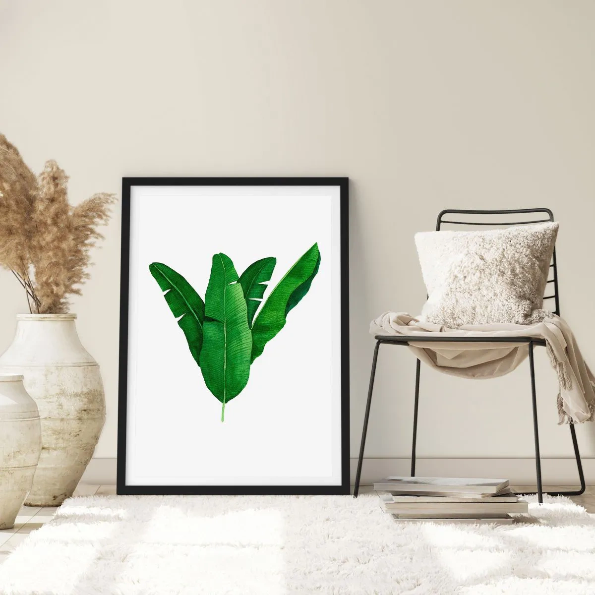 Poster in cornice nera - Illustrazione ad acquerello di foglie di banano disposte simmetricamente su uno sfondo bianco. - 50x70cm - Simmetria verde - Decorazione murale moderna per soggiorno e camera da letto ARTTOR