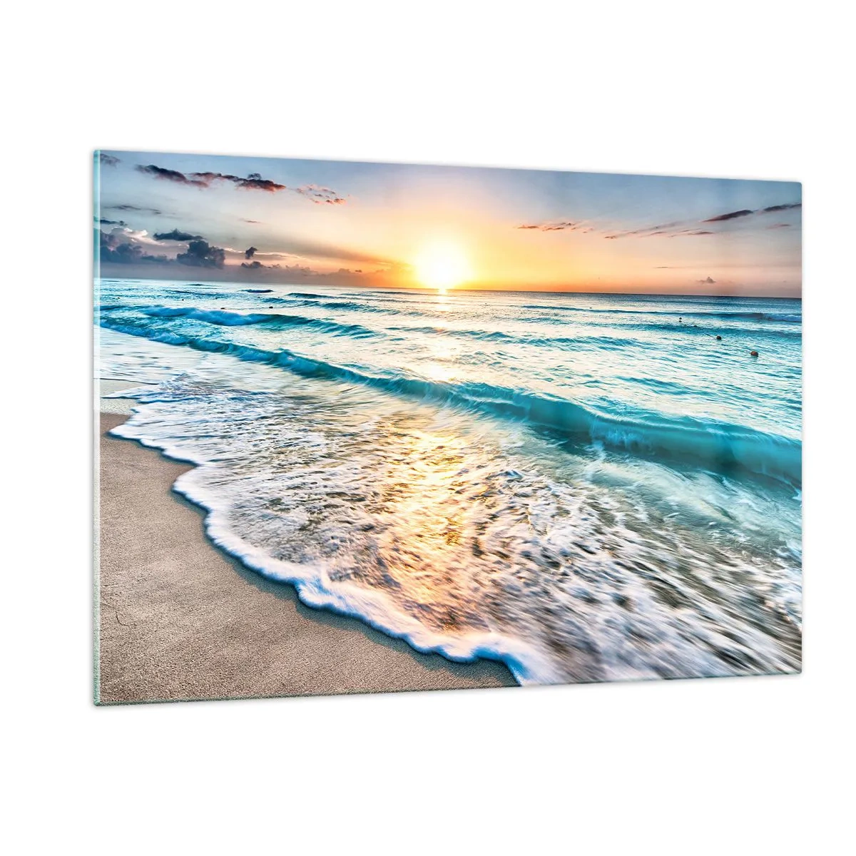 Quadro su vetro - Spiaggia al mattino con onde e alba - 120x80cm - Tramonto sul mare - Decorazione murale moderna per soggiorno e camera da letto ARTTOR