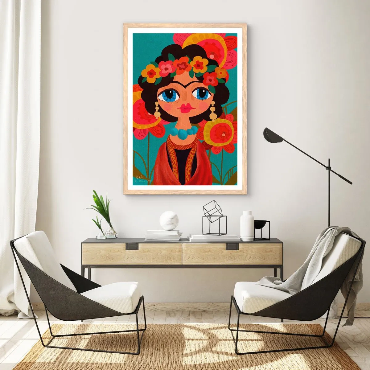 Poster in cornice rovere chiaro - La ragazza dei papaveri - 40x50 cm