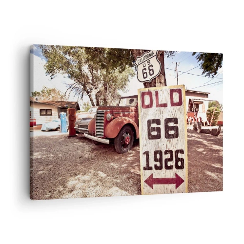 Quadro su tela - Stampe su Tela - Auto retrò e cartello della Route 66 in un ambiente rustico - 70x50cm - La leggenda della provincia americana - Decorazione murale moderna per soggiorno e camera da letto ARTTOR