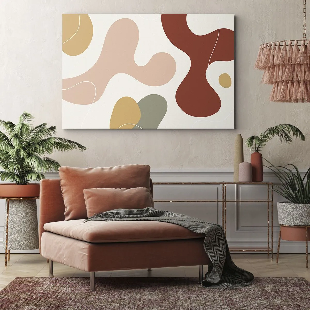 Quadro su tela - Stampe su Tela - Una composizione astratta in tonalità pastello con forme dinamiche. - 70x50cm - Ghirigori - Decorazione murale moderna per soggiorno e camera da letto ARTTOR