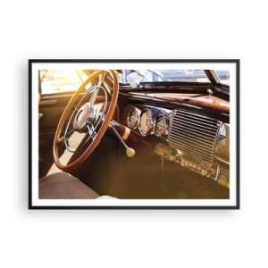 Poster in cornice nera - Primo piano degli interni di un'auto d'epoca con dettagli in legno e cromati. - 100x70cm - Un soffio di lusso dal passato - Decorazione murale moderna per soggiorno e camera da letto ARTTOR