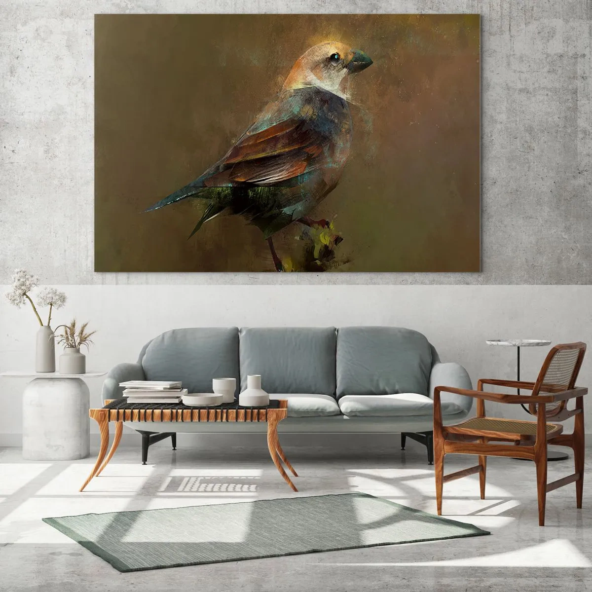 Quadro su vetro - Un passero in stile artistico e pittorico su uno sfondo neutro - 120x80cm - Passerotto, piccolo uccellino - Decorazione murale moderna per soggiorno e camera da letto ARTTOR