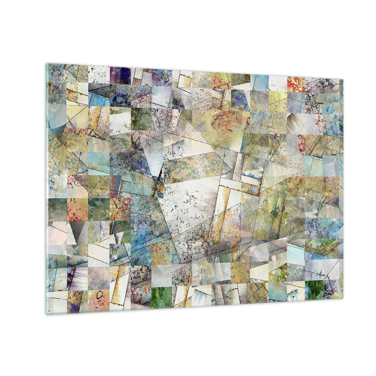 Quadro su vetro - Una composizione colorata di forme geometriche frammentate - 70x50cm - Rimpasto geometrico - Decorazione murale moderna per soggiorno e camera da letto ARTTOR