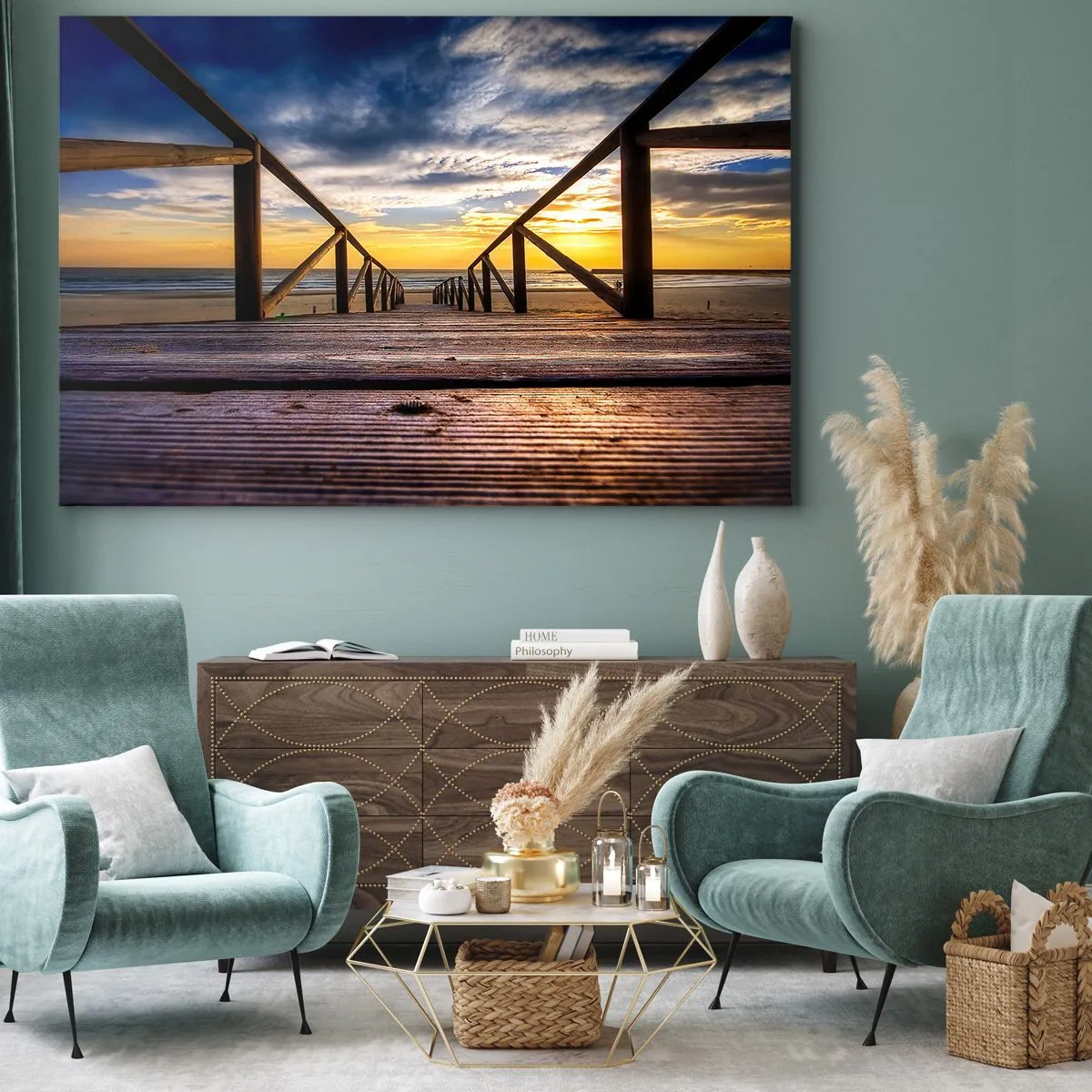 Quadro su tela - Stampe su Tela - Molo di legno che conduce alla spiaggia al tramonto - 70x50cm - Verso la spiaggia silenziosa al tramonto - Decorazione murale moderna per soggiorno e camera da letto ARTTOR