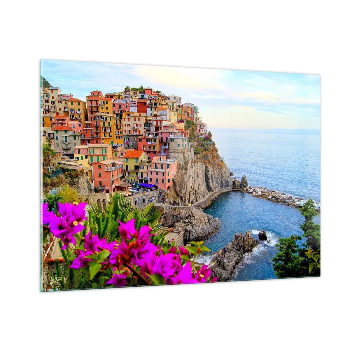 Quadro su vetro - Case colorate su una scogliera a picco sul mare - 100x70cm - La città che ride - Decorazione murale moderna per soggiorno e camera da letto ARTTOR
