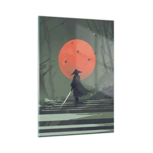 Quadro su vetro - Un guerriero solitario con una spada nella foresta, sullo sfondo una luna rossa. - 50x70cm - Il guerriero della luna rossa - Decorazione murale moderna per soggiorno e camera da letto ARTTOR