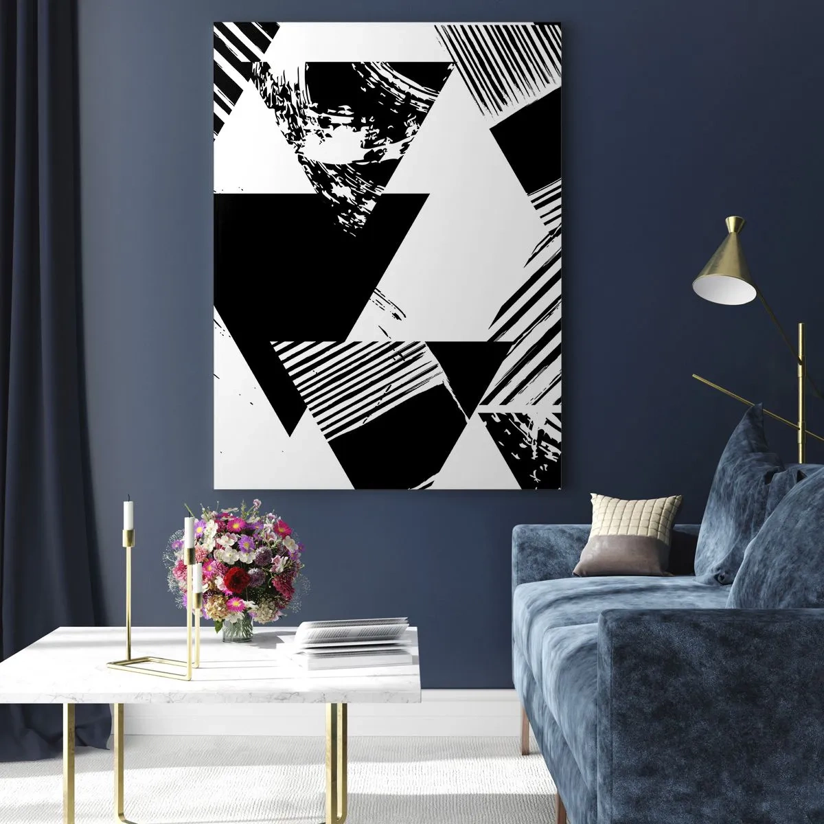 Quadro su vetro - Motivi geometrici in bianco e nero con motivi triangolari - 50x70cm - Pioggia di triangoli - Decorazione murale moderna per soggiorno e camera da letto ARTTOR