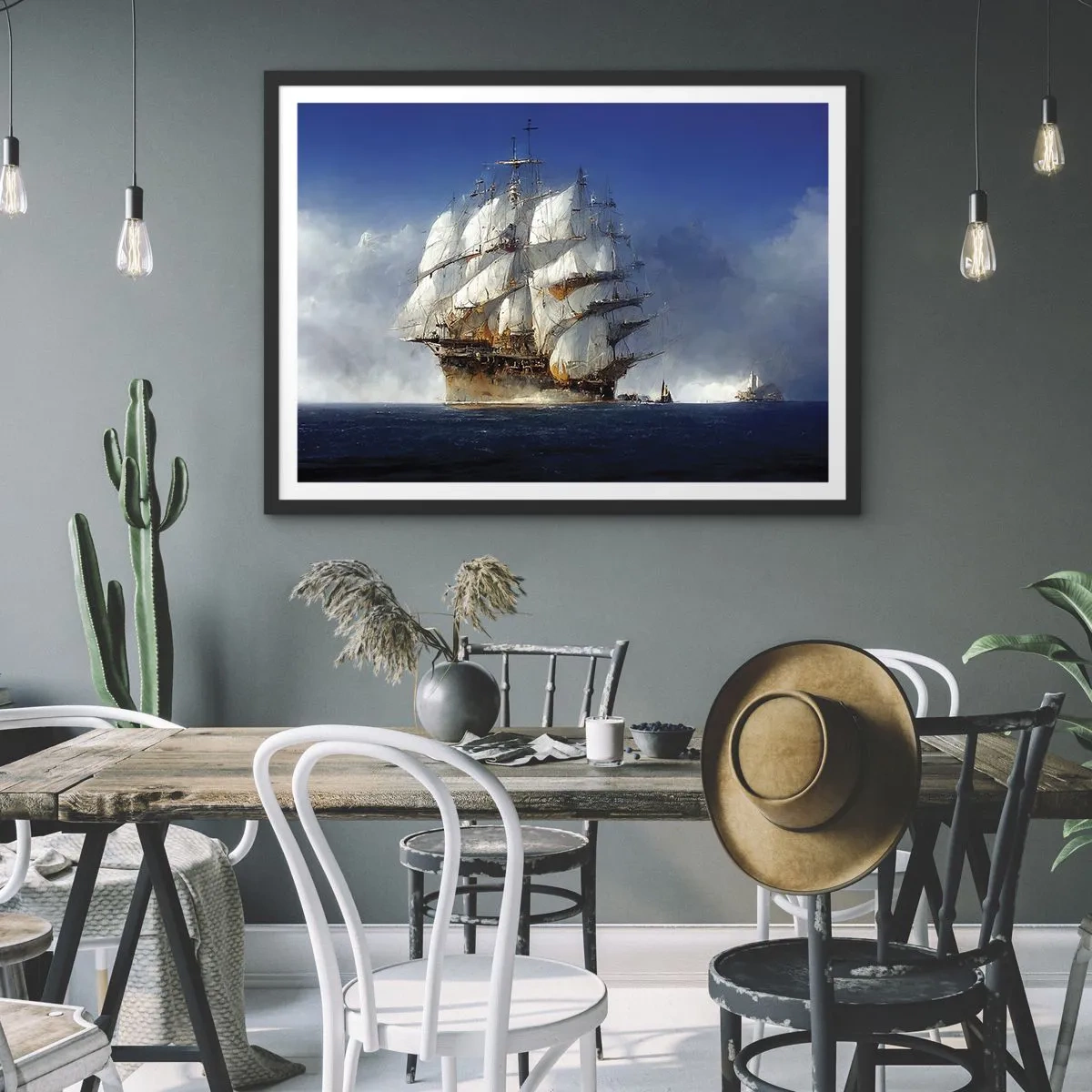 Poster in cornice nera - Una nave a vela in mare aperto sotto un cielo azzurro - 70x50cm - The great glory! - Decorazione murale moderna per soggiorno e camera da letto ARTTOR