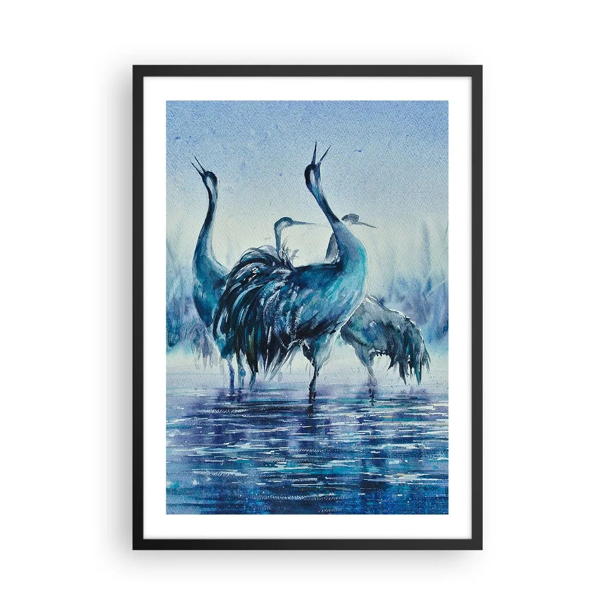 Poster in cornice nera - Un'immagine suggestiva di gru in un paesaggio acquatico blu - 50x70cm - Incontro mattutino - Decorazione murale moderna per soggiorno e camera da letto ARTTOR