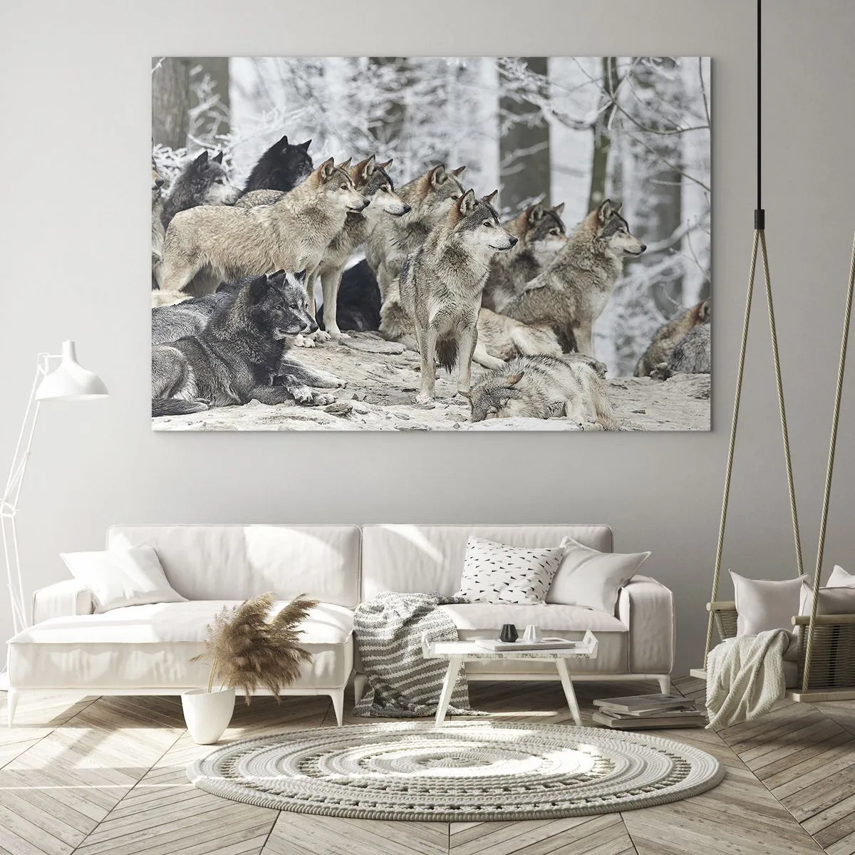 Quadro su vetro - Un branco di lupi nella foresta invernale - 120x80cm - Famiglia e amici - Decorazione murale moderna per soggiorno e camera da letto ARTTOR
