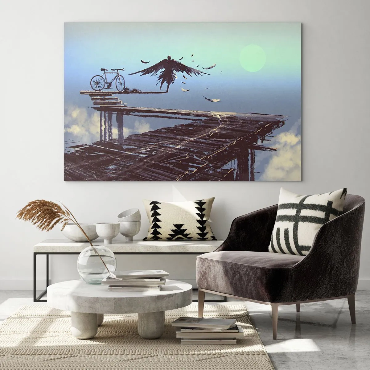Quadro su vetro - Una figura con una bicicletta su un ponte di legno sopra le nuvole - 120x80cm - Icaro è sempre vivo - Decorazione murale moderna per soggiorno e camera da letto ARTTOR
