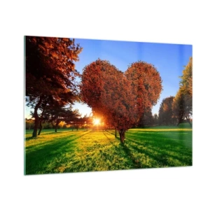 Quadro su vetro - Un albero a forma di cuore sullo sfondo del sole al tramonto - 100x70cm - Come non amare l'autunno - Decorazione murale moderna per soggiorno e camera da letto ARTTOR