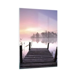 Quadro su vetro - Un molo all'alba su un lago calmo - 50x70cm - Nebbia color lilla - Decorazione murale moderna per soggiorno e camera da letto ARTTOR