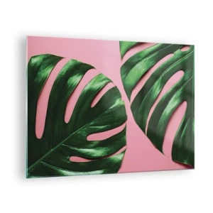Quadro su vetro - Foglie di monstera verdi su sfondo rosa - 70x50cm - Appuntamento in verde - Decorazione murale moderna per soggiorno e camera da letto ARTTOR