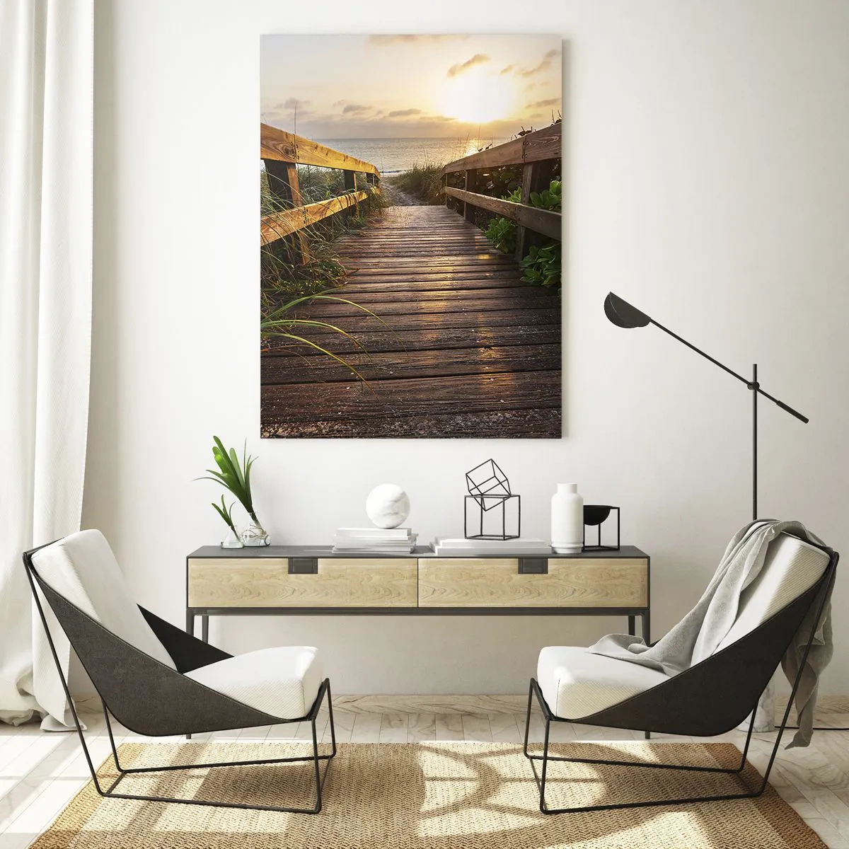 Quadro su vetro - Passerella in legno che conduce alla spiaggia al tramonto - 50x70cm - Dritto verso la riva - Decorazione murale moderna per soggiorno e camera da letto ARTTOR