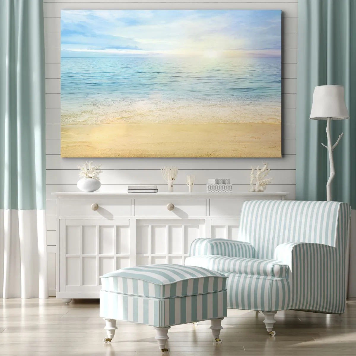 Quadro su tela - Stampe su Tela - Una spiaggia con mare turchese e cielo limpido - 70x50cm - Il grande blu - Decorazione murale moderna per soggiorno e camera da letto ARTTOR