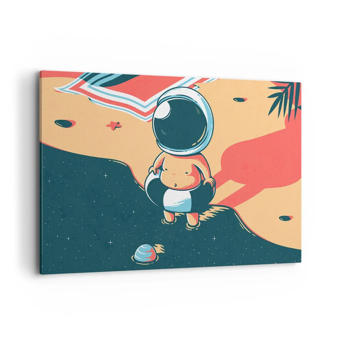 Quadro su tela - Stampe su Tela - Divertente astronauta sulla spiaggia con elementi spaziali sullo sfondo - 120x80cm - Da un'altra prospettiva - Decorazione murale moderna per soggiorno e camera da letto ARTTOR