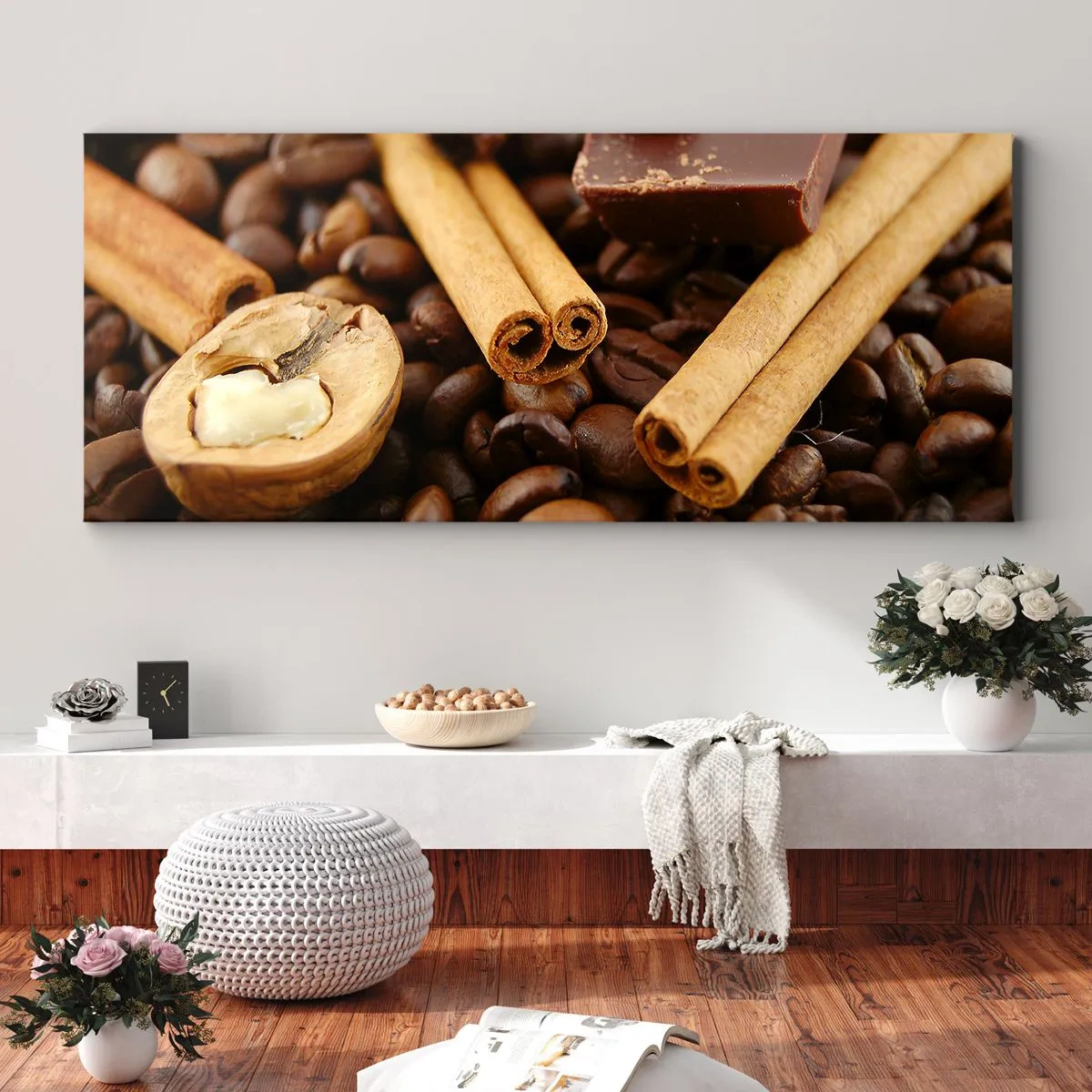 Quadro su tela - Stampe su Tela - Chicchi di caffè con bastoncini di cannella, cioccolato e noci. - 120x50cm - Concerto di sapori - Decorazione murale moderna per soggiorno e camera da letto ARTTOR