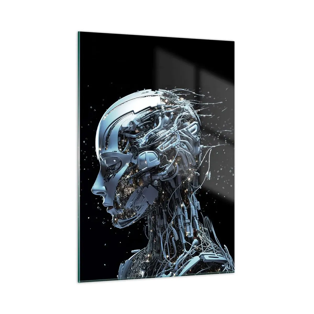 Quadro su vetro - Profilo di un robot femmina con fili e meccanismi - 50x70cm - La tecnologia è donna - Decorazione murale moderna per soggiorno e camera da letto ARTTOR