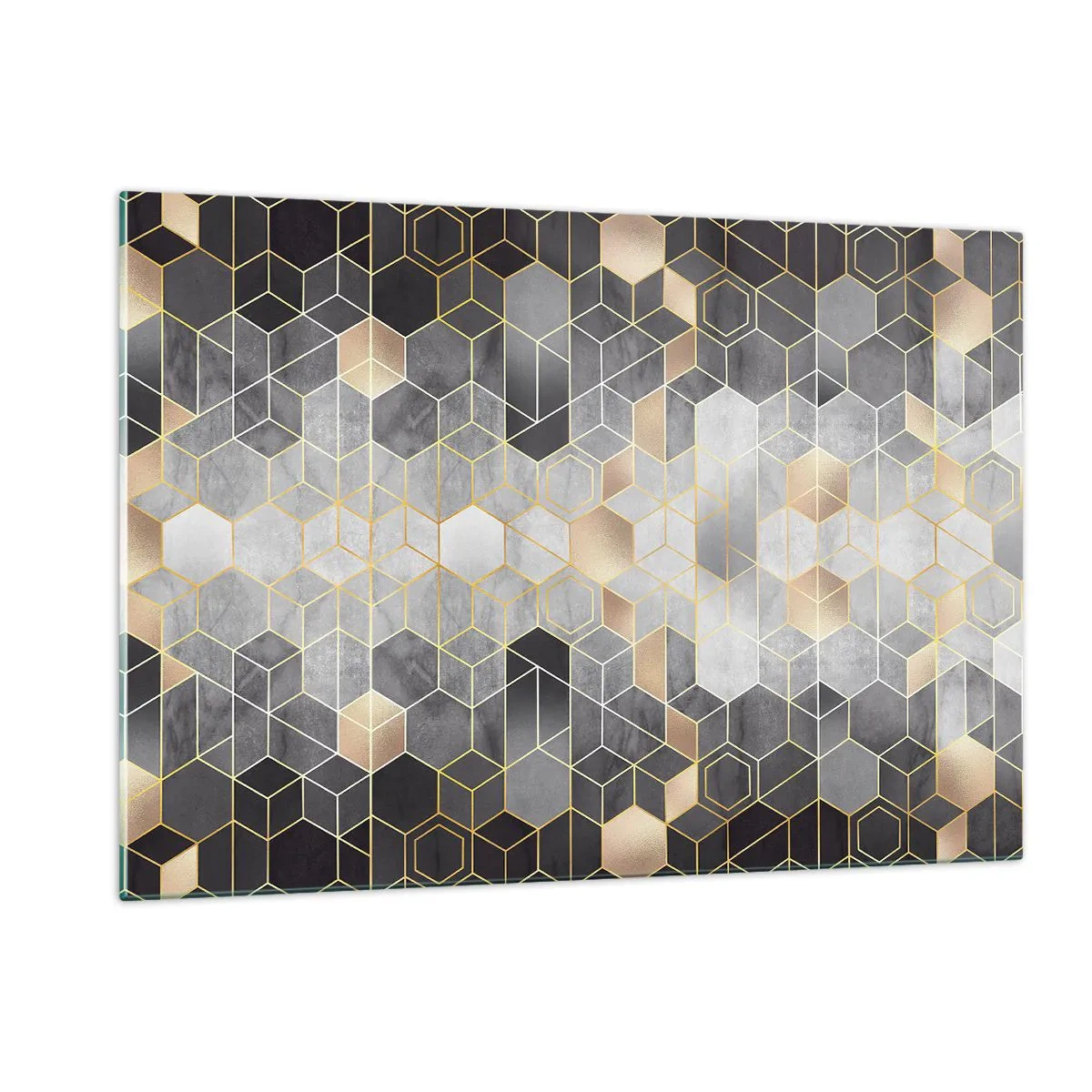 Quadro su vetro - Motivo geometrico di esagoni in linee dorate - 120x80cm - Composizione di diamante - Decorazione murale moderna per soggiorno e camera da letto ARTTOR