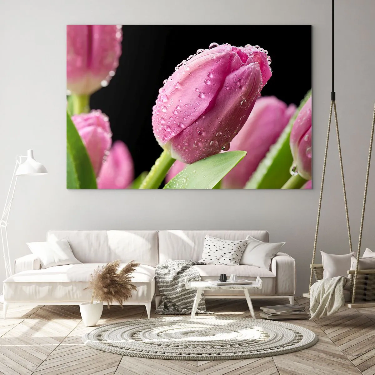 Quadro su vetro - Tulipani rosa ricoperti di gocce di rugiada su sfondo nero - 70x50cm - Sogno lilla nella rugiada - Decorazione murale moderna per soggiorno e camera da letto ARTTOR