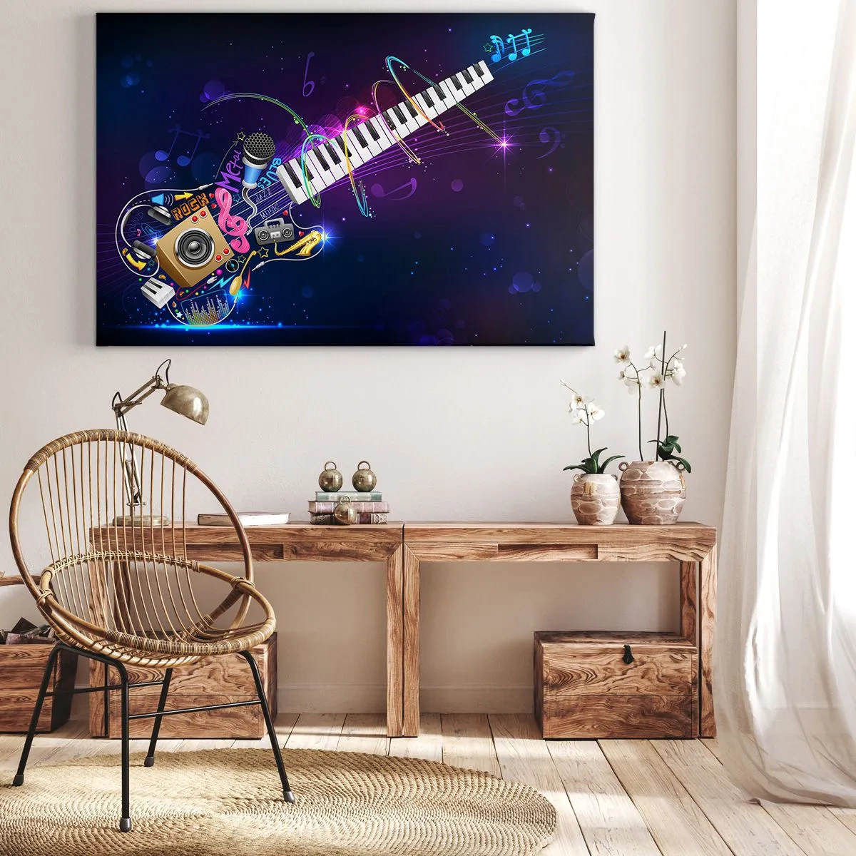 Quadro su tela - Stampe su Tela - Una chitarra colorata con una tastiera e un microfono su uno sfondo scuro. - 70x50cm - Armonia di suoni - Decorazione murale moderna per soggiorno e camera da letto ARTTOR