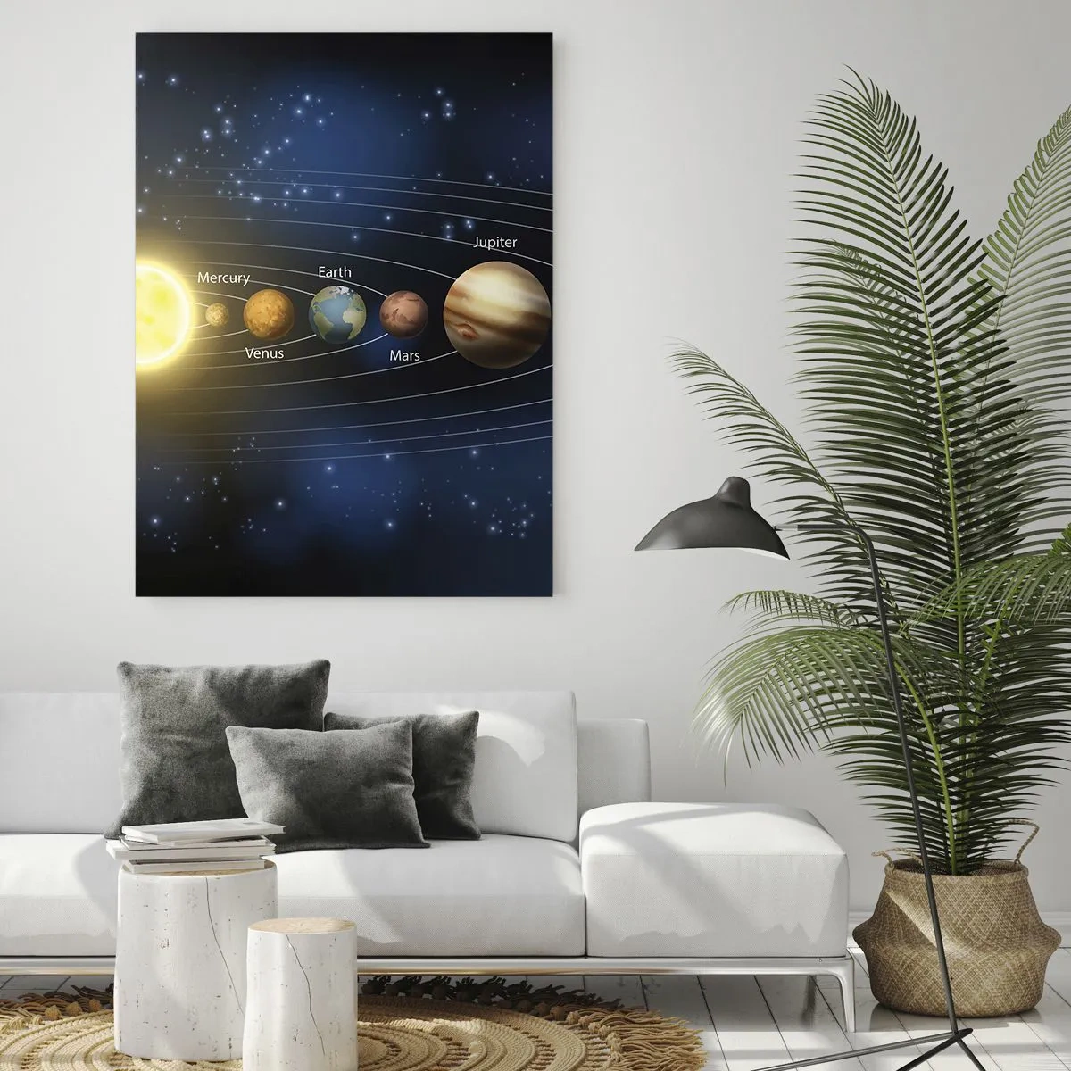 Quadro su vetro - Schema del sistema solare con pianeti e sole - 70x100cm - Uno su dieci - Decorazione murale moderna per soggiorno e camera da letto ARTTOR