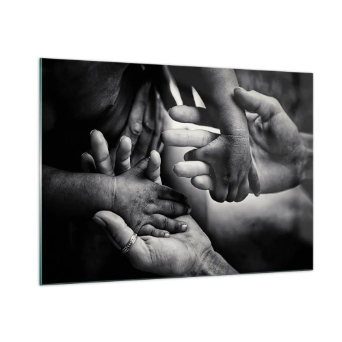Quadro su vetro - Stretta di mano simbolica in bianco e nero di diverse generazioni - 100x70cm - Umanità - Decorazione murale moderna per soggiorno e camera da letto ARTTOR