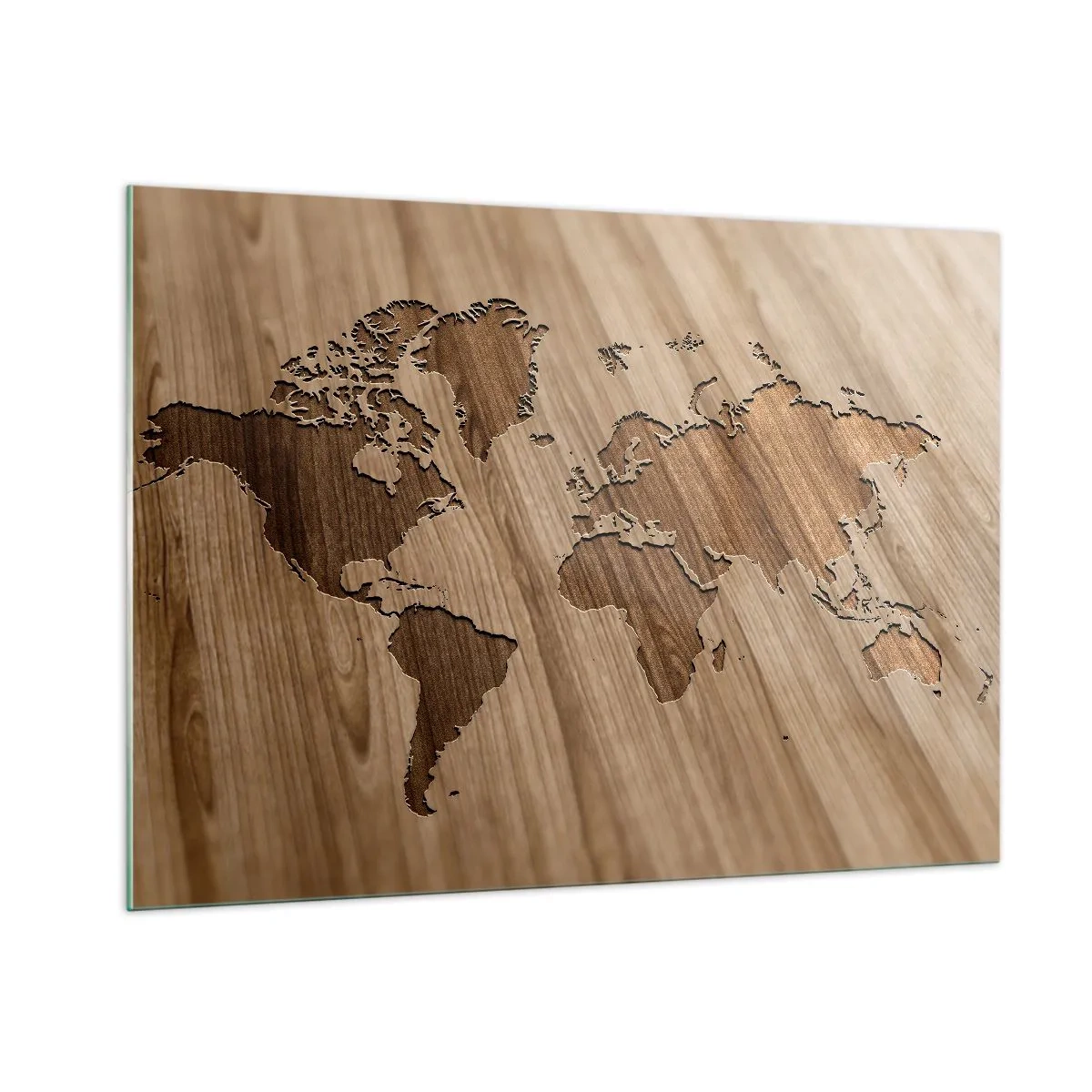 Quadro su vetro - Una mappa del mondo incisa su una superficie di legno - 100x70cm - Il mondo servito a tavola - Decorazione murale moderna per soggiorno e camera da letto ARTTOR