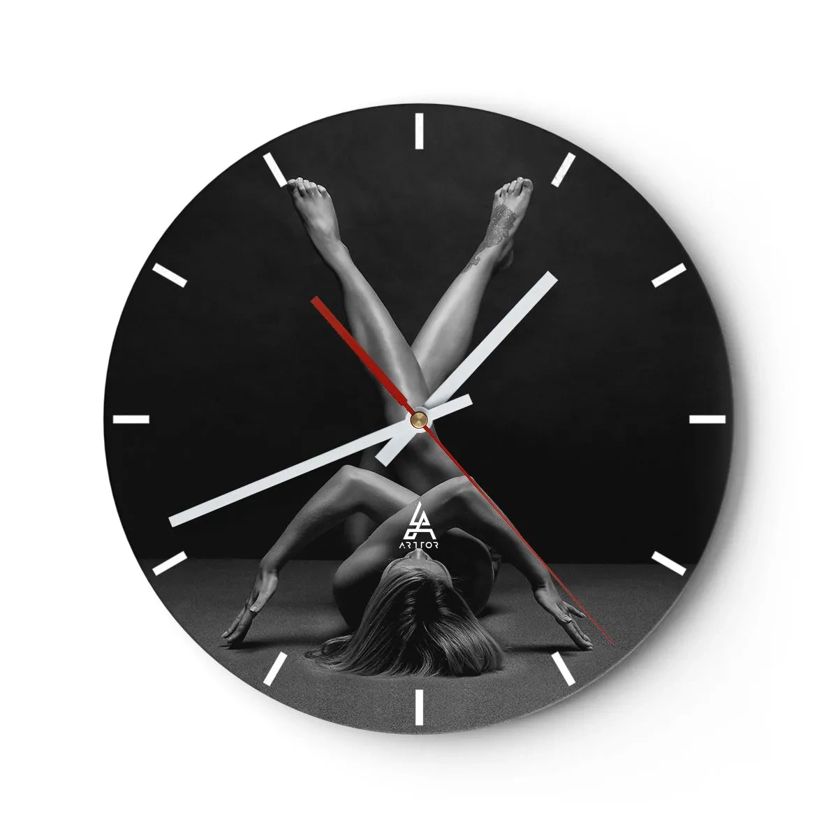Orologio da parete - Orologio in Vetro - Silhouette artistica di una donna in posa dinamica su sfondo nero - 30x30cm - Geometria del nudo - Decorazione murale moderna per soggiorno, cucina e camera da letto ARTTOR
