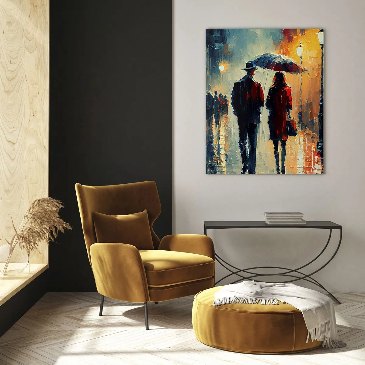 Quadro su vetro - Camminare sotto la pioggia sotto un ombrello in città di notte - 70x100cm - Love story cittadina - Decorazione murale moderna per soggiorno e camera da letto ARTTOR