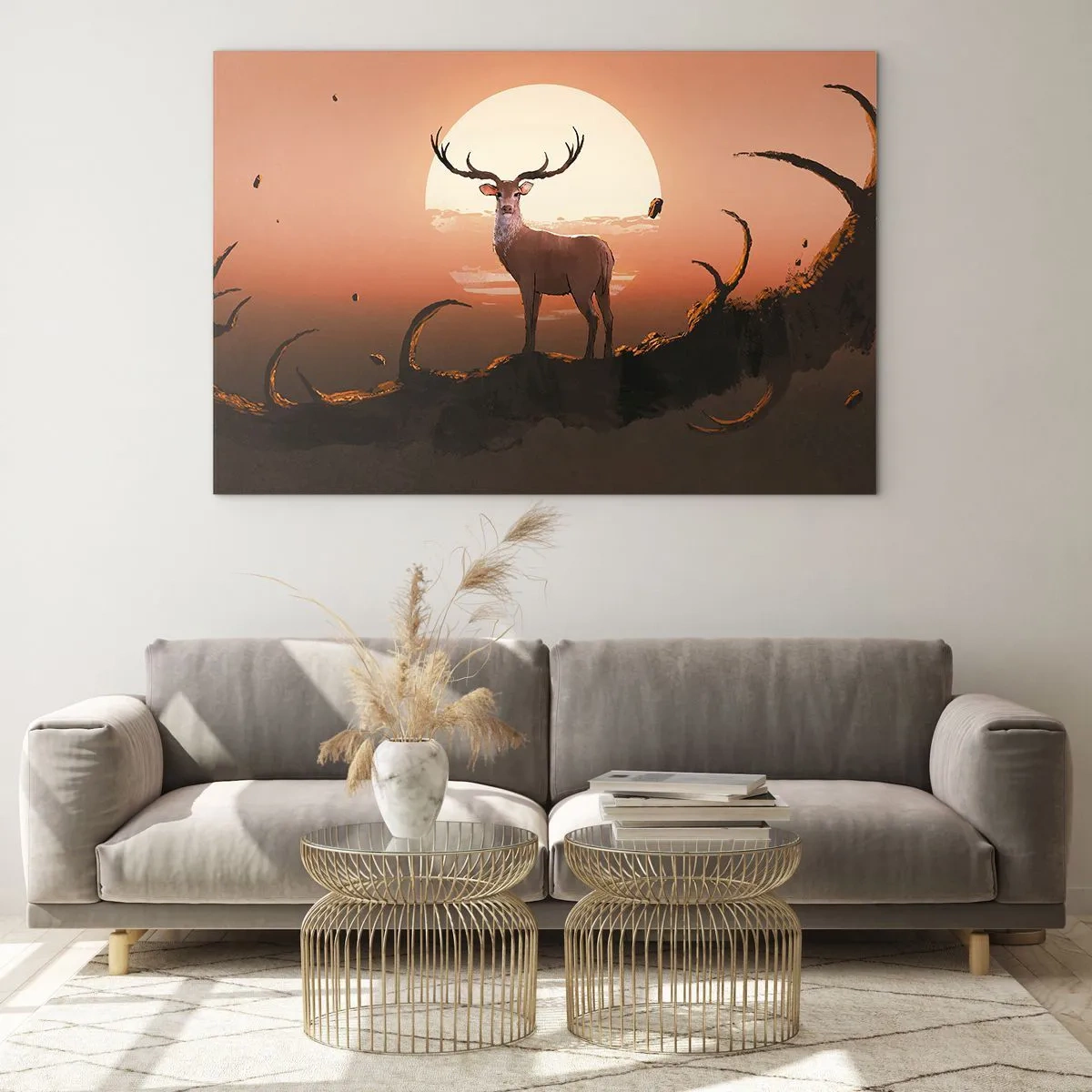 Quadro su vetro - Silhouette di un cervo sullo sfondo di una grande luna circondata da rami - 70x50cm - Questa notte è diversa dalle altre - Decorazione murale moderna per soggiorno e camera da letto ARTTOR