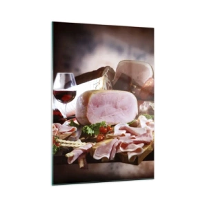 Quadro su vetro - Tavolo da cucina con salumi, vino e verdure fresche - 50x70cm - Sogno culinario con caraffa - Decorazione murale moderna per soggiorno e camera da letto ARTTOR