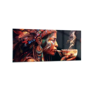 Quadro su vetro - Una figura colorata in stile etnico con una tazza di bevanda fumante - 120x50cm - Rituale magico - Decorazione murale moderna per soggiorno e camera da letto ARTTOR