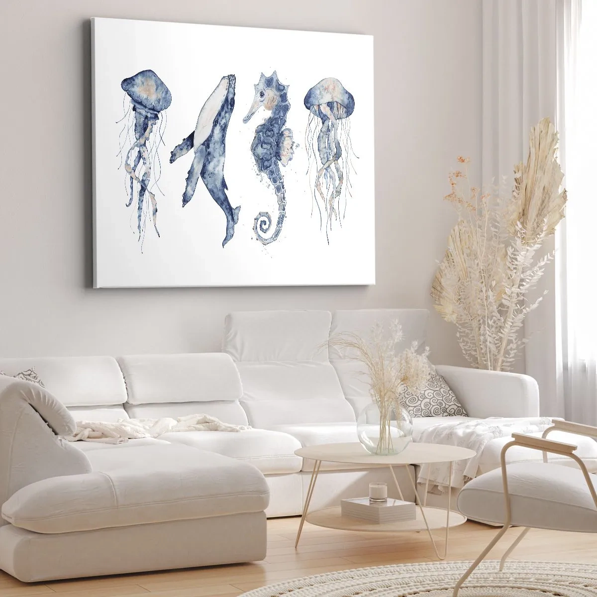 Quadro su tela - Stampe su Tela - Medusa, balena e cavalluccio marino in stile acquerello - 70x50cm - Meraviglie del mare - Decorazione murale moderna per soggiorno e camera da letto ARTTOR